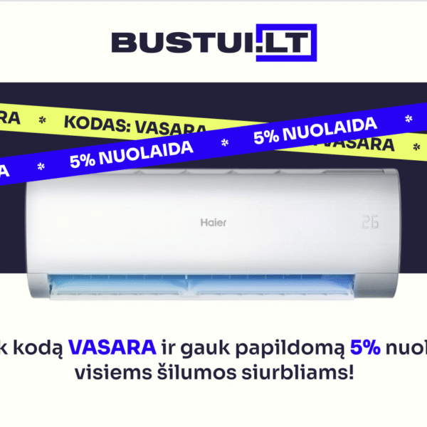 Nuolaidos kodas VASARA – gaukite 5 % nuolaidą visiems šilumos siurbliams el. parduotuvėje bustui.lt