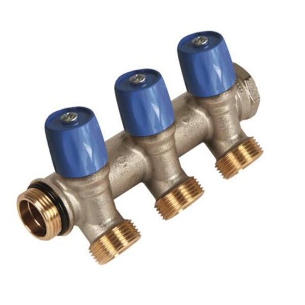 Vandentiekio kolektorius, 2 šakų, įstrižo uždarymo ventilis, mėlynas 3/4″ prijungimas