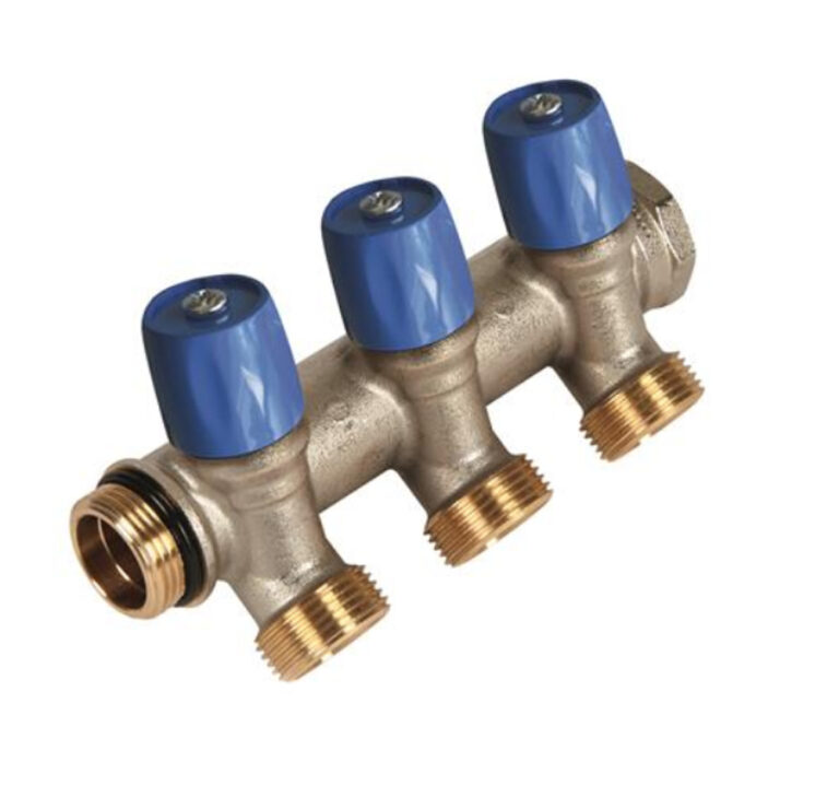 Vandentiekio kolektorius, 2 šakų, įstrižo uždarymo ventilis, mėlynas 3/4″ prijungimas