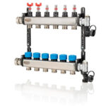 Reguliuojamas kolektorius grindiniam šildymui su srauto matuokliu, nerūdijančio plieno, apvalus, su trim žiedais, 1 colio jungtimi