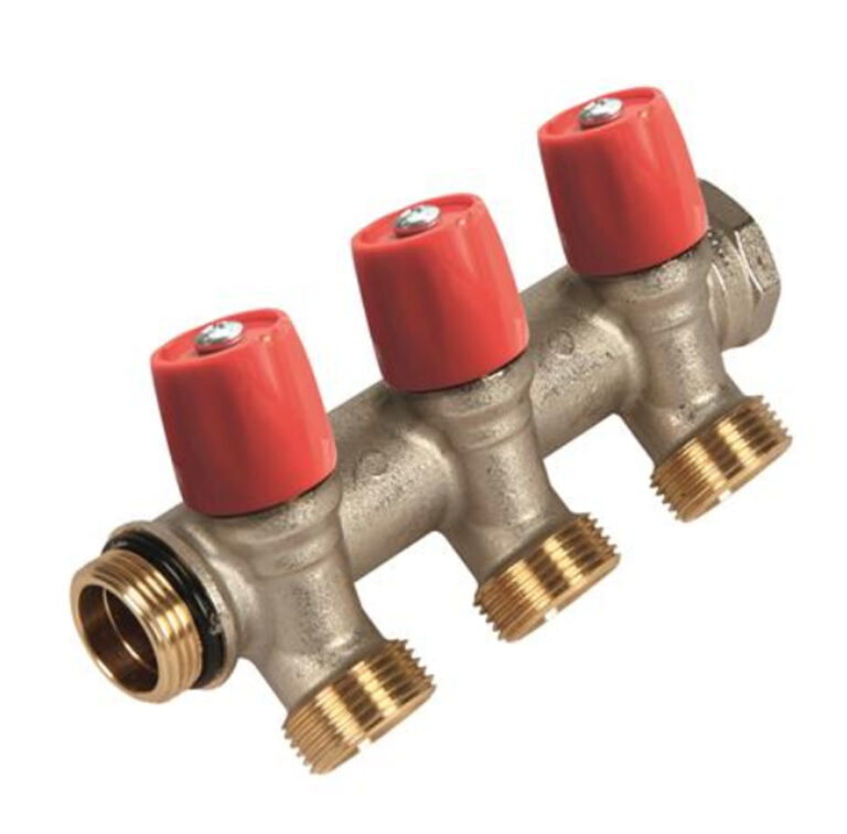 Vandentiekio kolektorius, 2 šakų, įstrižo uždarymo ventilis, raudonas 3/4″ prijungimas