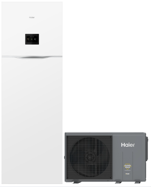 Haier 4 kW šilumos siurblio pilnas komplektas su vandens šildytuvu - energijos efektyvumas A+++ Haier Hydro Split R290 šilumos siurblio komplektas 4 kW su lauko ir vidaus bloku bei 200 l boileriu