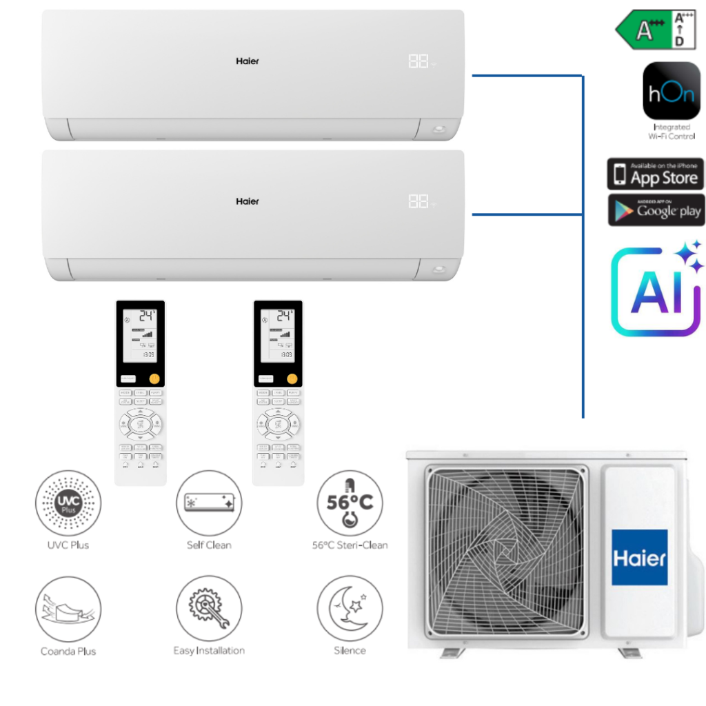 Haier Serene Multi Split šilumos siurblys oras–oras 2×2.6 kW (2:1) – komplektas