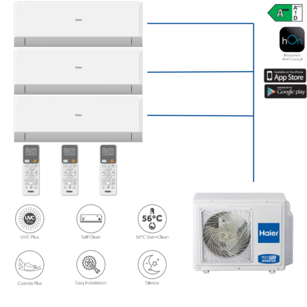 Haier Revive Plus Multi Split šilumos siurblys oras–oras 3×2.7 kW (3:1) – komplektas